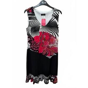 NEW BALI CORP. women's abstract and floral print dress in hot pink, black & whit